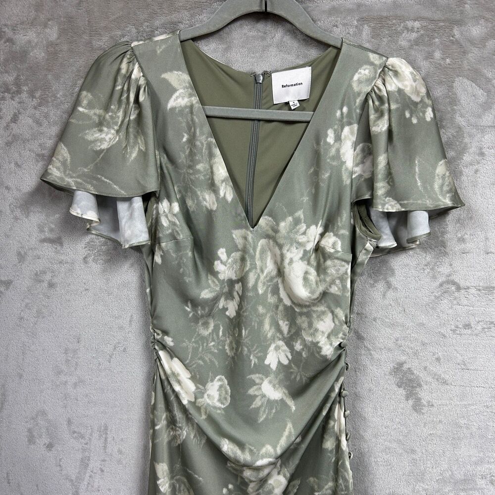[Flawed] Reformation Vida Dress Satin Ruffle Ruched Maxi Formal Sz 4 Green - Picture 2 of 16